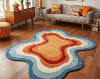 Lava Lamp Hand Tufted Rug  Abstract Irregular Area Rug for Aesthetic Room Decor, Funky Wavy Rug, 8x8 Handmade Groovy Home Decor Gift