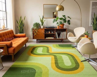 Green Swirl Hand Tufted Wool Rug Modern Abstract Irregular Shape Area Rug Forest Green Wavy Scalloped Carpet Funky Mid Century Floor Decor