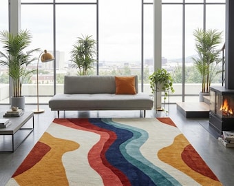 Handtuftad ullmatta - Abstrakt vågig matta, färgglad 70-tals retroformad matta, 8x10 funky dopamindekor golvkonst för modernt vardagsrum