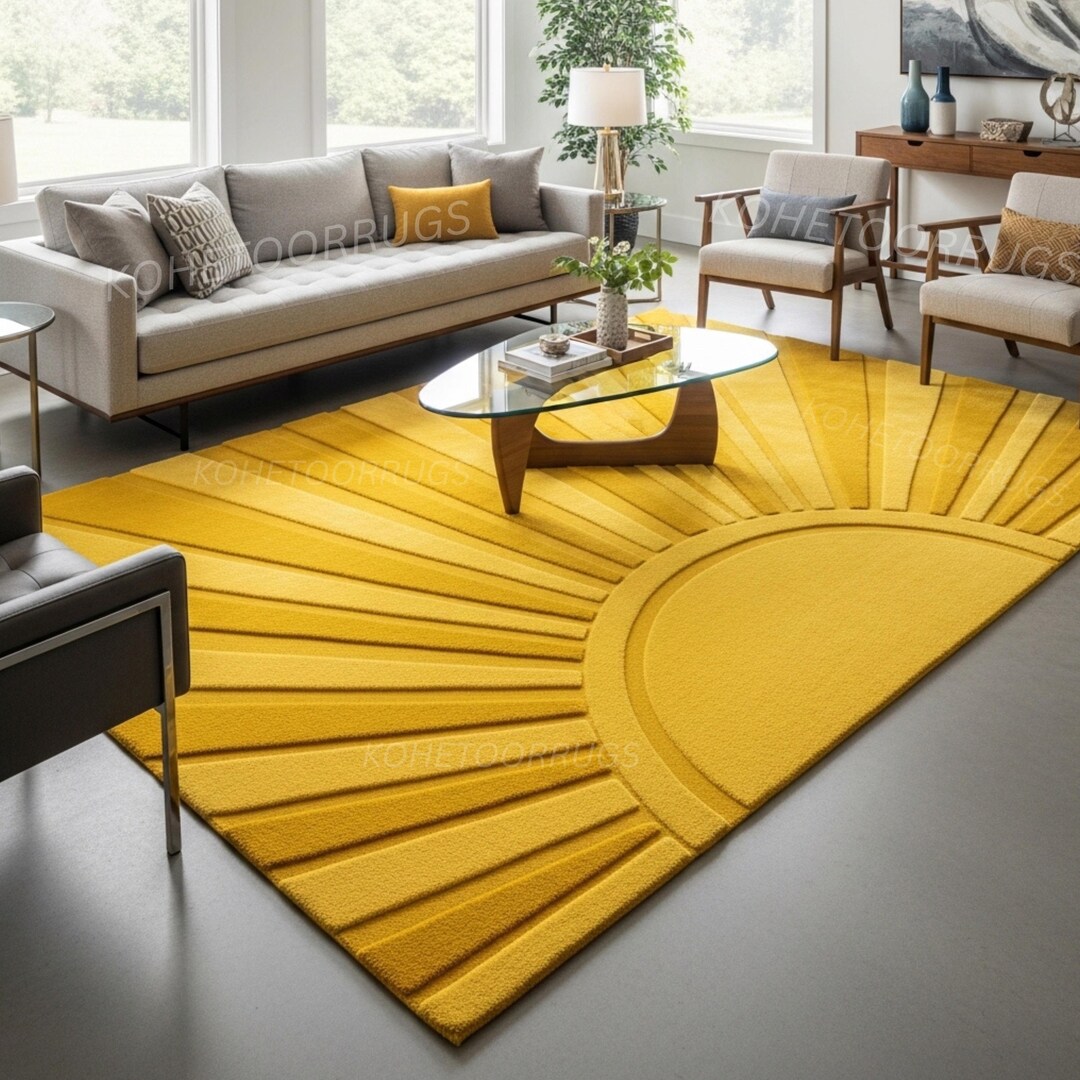 Luxury Modern Sunburst Hand-tufted Wool Rug Yellow Sunrise 8x10 Area ...