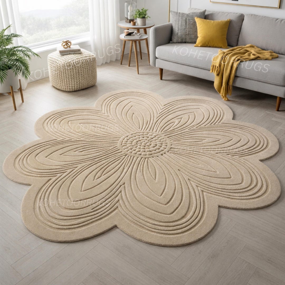 Luxury Beige Scalloped Area Rug – Handmade Plush Wool Carpet, Modern ...