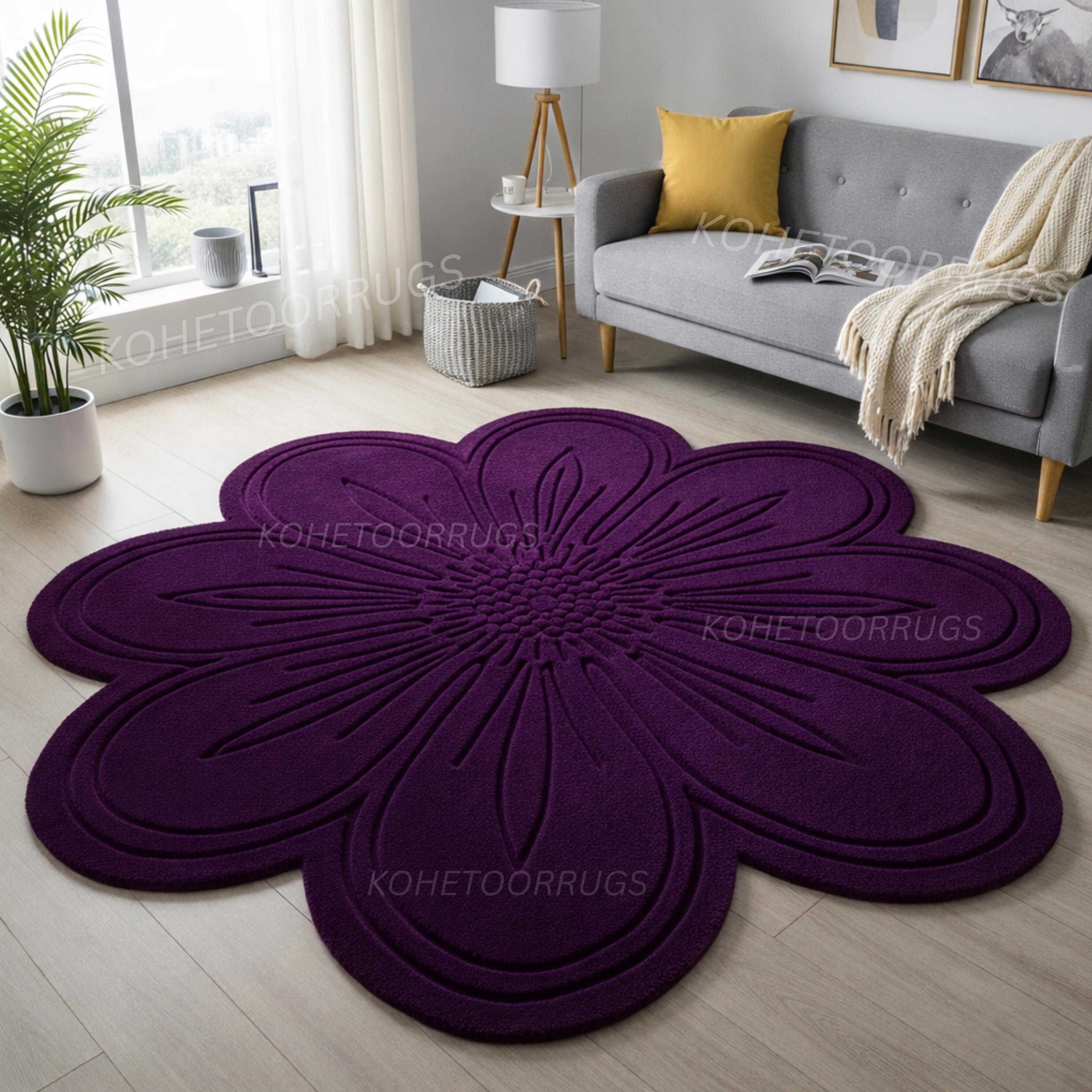 Luxury Deep Purple Scalloped Area Rug – Handmade Plush Wool Carpet ...