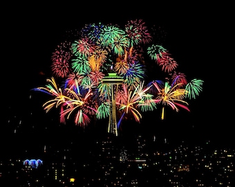 Fireworks photo, Seattle Photo, home decor, patriotic decor, wall decor, Space Needle Photo, Seattle Picture