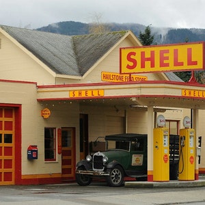 Seattle Photo, Look of the past photo Shell Gas Station photo, man cave decor, home decor, red & yellow, wintry, retro, old car, nostalgia