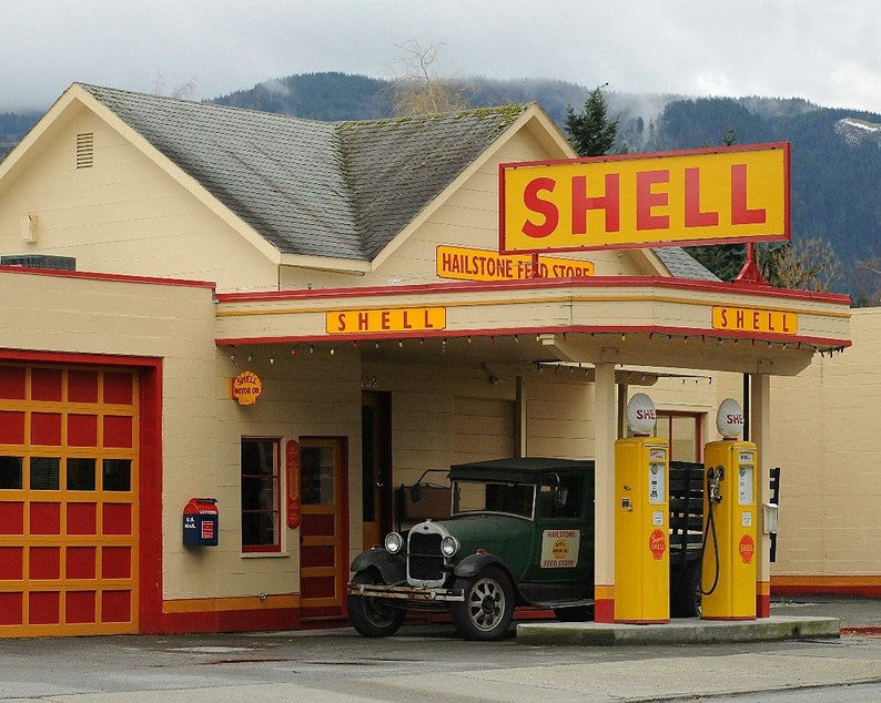 Seattle Photo, Look of the past photo Shell Gas Station photo, man cave decor, home decor, red & yellow, wintry, retro, old car, nostalgia image 1