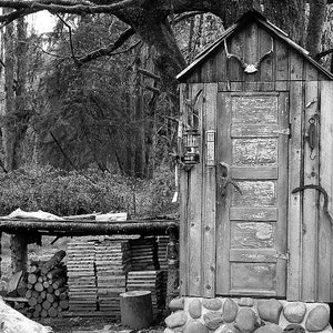 Outhouse photo in black & white. Outhouse, smokehouse Humorous photo that is great wall décor, home décor, man cave décor, man gift.