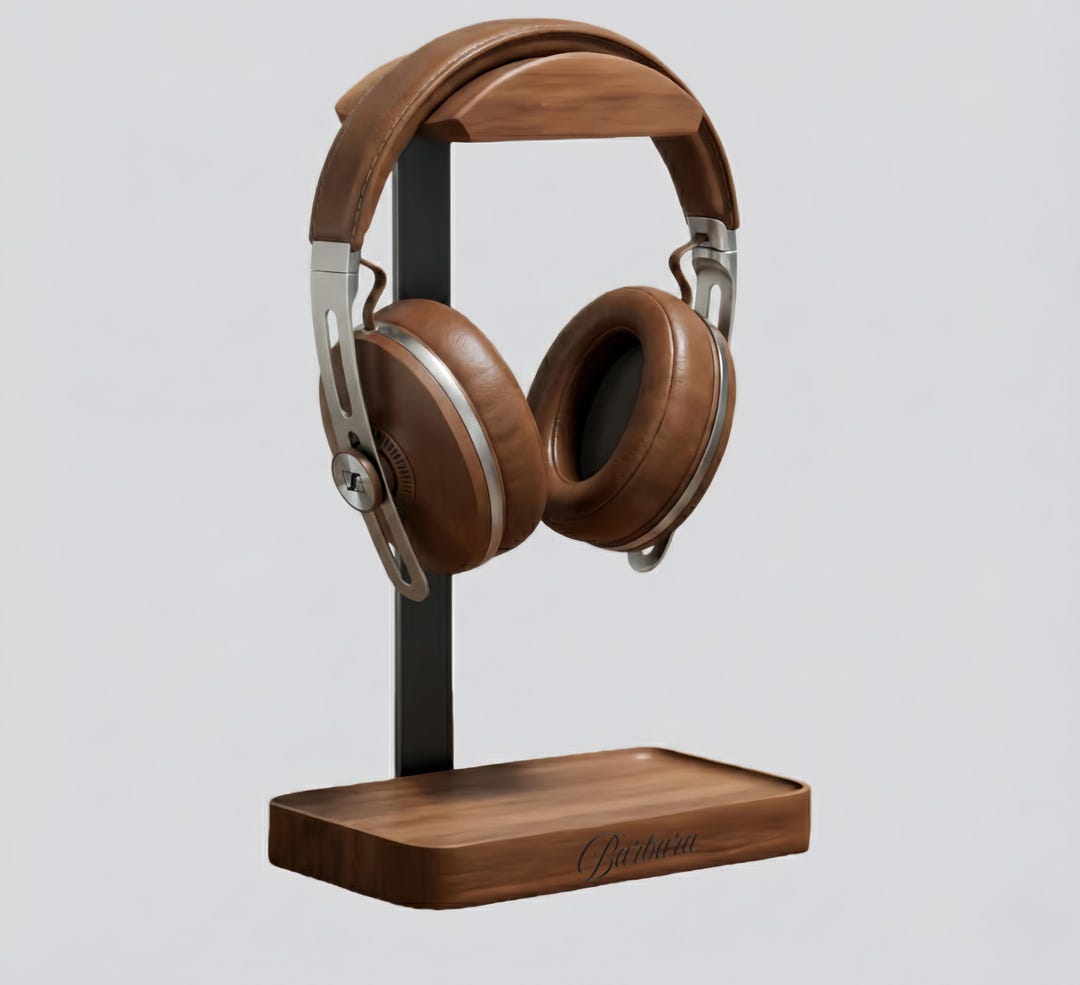 Personalized Walnut Headphone Stand, Custom Engraved Wood Headset Holder, Gamer Desk Setup, Audiophile Gift for Him, Music Studio Decor