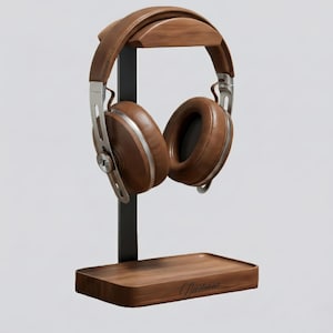 Gepersonaliseerde notenhouten hoofdtelefoonstandaard, op maat gegraveerde houten headsethouder, gamerdesk-opstelling, audiofiel cadeau voor hem, decor muziekstudio