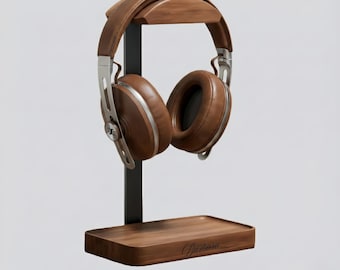Soporte para auriculares de nogal personalizado, soporte de madera con grabado personalizado, escritorio gamer, regalo audiófilo para él, decoración de estudio de música