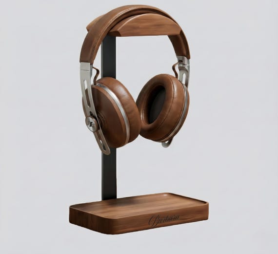 Personalized Walnut Headphone Stand, Custom Engraved Wood Headset Holder, Gamer Desk Setup, Audiophile Gift for Him, Music Studio Decor