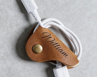 Custom Handmade Leather Cord Organizer Set, Personalized Cable Keeper, Monogrammed Cord Holder for Travel, Desk & Tech Accessories