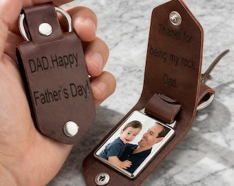 Custom Photo Leather Keychain - Engraved Gift for Dad, Personalized Father's Day Gift, Keychain with Photo for Him, Customized Men Keychain