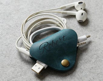 Handmade Custom Leather Cord Organizer Set, Personalized Cable Keeper, Monogrammed Cord Holder for Travel, Desk & Tech Accessories