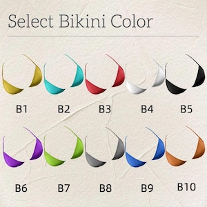 May include: Image displays a selection of bikini tops in various colors, including gold, teal, red, white, black, purple, green, gray, blue, and orange. Each color option is labeled with a corresponding code, such as B1, B2, and B3.