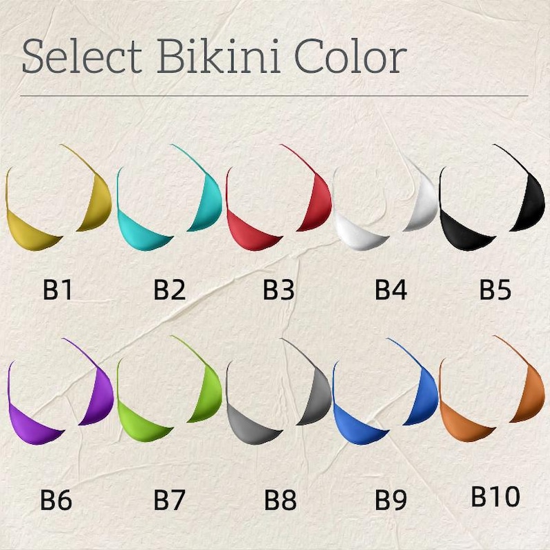 May include: Image displays a selection of bikini tops in various colors, including gold, teal, red, white, black, purple, green, gray, blue, and orange. Each color option is labeled with a corresponding code, such as B1, B2, and B3.