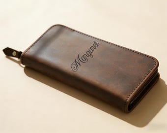 Personalized Handmade Crazy Horse Leather Pen Case, Customized Full Grain Leather Zippered Pen Holder Travel Fountain Pen Case Gift for Him