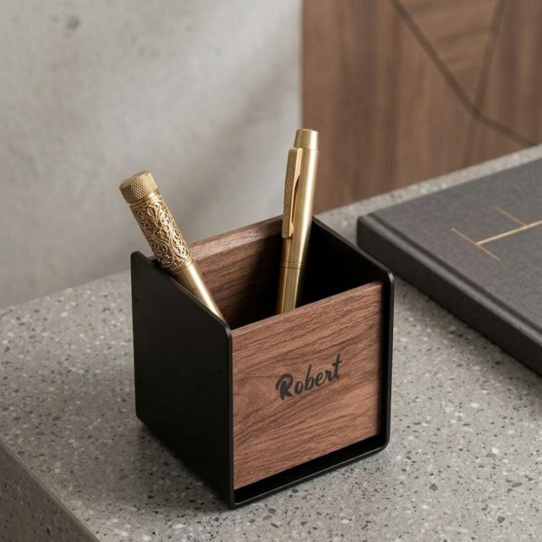 Personalized Walnut Wood Pen Holder Custom Engraved Aluminum Desk ...