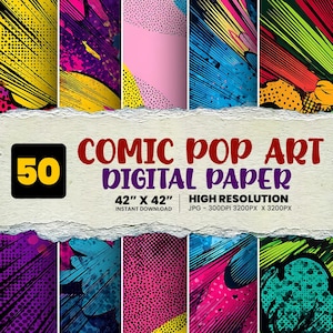 May include: A digital paper set with a comic book theme. The image features a variety of colorful abstract designs in a pop art style. The text reads "COMIC POP ART DIGITAL PAPER" and "50" with dimensions of 42" x 42".
