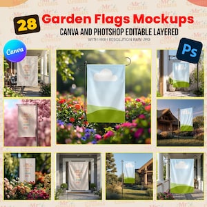 May include: A mockup image showcasing 28 garden flags. The flags feature a sky and landscape design. The image includes the text "Garden Flags Mockups" and indicates compatibility with Canva and Photoshop. The flags are displayed in various outdoor settings.