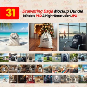 May include: A collection of drawstring bag mockups in diverse settings, such as a beach, a festive Christmas scene, and an airport. The bags display the "Mr. Creatix" logo and the text "YOUR DESIGN HERE". The image also features the text "31 Drawstring Bags Mockup Bundle Editable PSD & High-Resolution JPG".
