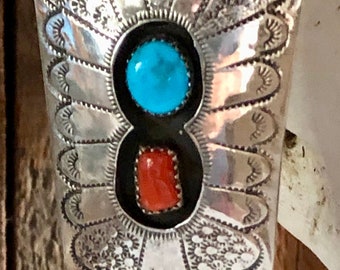 Vintage Navajo Sterling Silver Turquoise Coral Bolo Necklace