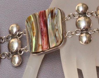 Vintage Sterling Chunky Colorful Abalone Inlaid Link Bracelet