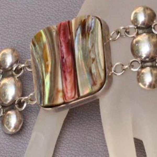 Vintage Sterling Chunky Colorful Abalone Inlaid Link Bracelet