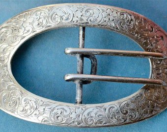 Antique Victorian Full Size Large Sterling Silver Chased Belt Buckle
