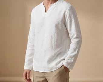 Camisa masculina de algodão e linho com decote em V | Blusa leve de vestir