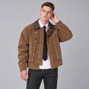 May include: A brown suede jacket featuring a dark brown collar, a white button-down shirt, a black necktie, and dark gray trousers. The jacket includes two gold-toned metal toggle closures on the front and two large patch pockets.