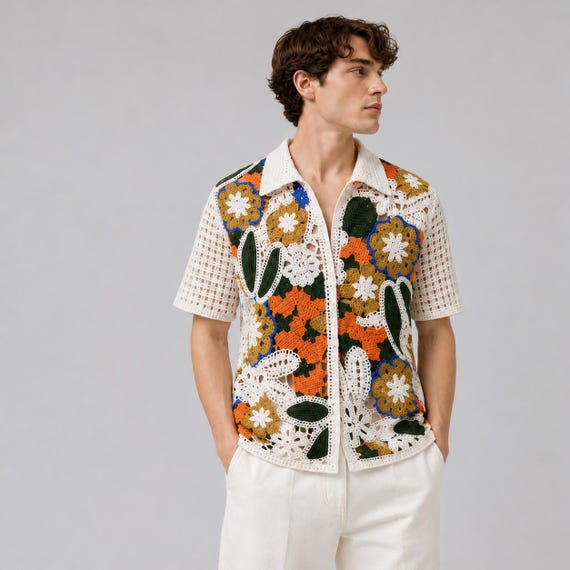 Mens Crochet Floral Shirt | Boho Knit Button Up | Vintage Flower Pattern Shirt | Summer Beach Vacation Top | Festival Wear