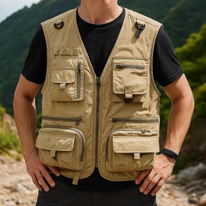 Puede incluir: Chaleco utilitario color beige con múltiples bolsillos y cierre de cremallera. El chaleco tiene un diseño de cuello en V y varios bolsillos de diferentes tamaños. El chaleco está hecho de un material duradero y tiene un anillo en D en el hombro.