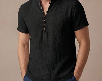 Camisa Henley masculina em algodão e linho | Blusa de verão de manga curta