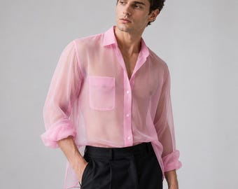 Camisa masculina de chiffon transparente com botões | Blusa leve de manga comprida e transparente