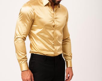 Men Satin Button Down | Long Sleeve Slim Fit Party Shirt | Luxury Formal Office wear
