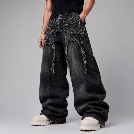 Gothic Spiderweb Embroidered Jeans | Y2K Baggy Denim Streetwear