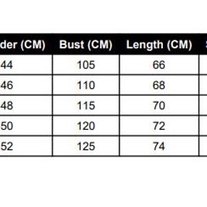 Pode incluir: Uma tabela de tamanhos em preto e branco com colunas para Size, Shoulder (CM), Bust (CM), Length (CM) e Sleeve (CM). As linhas listam os tamanhos M, L, XL, XXL e 3XL com as medidas num&eacute;ricas correspondentes em cent&iacute;metros.