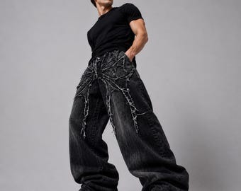 Gothic Spiderweb Embroidered Jeans | Y2K Baggy Denim Streetwear