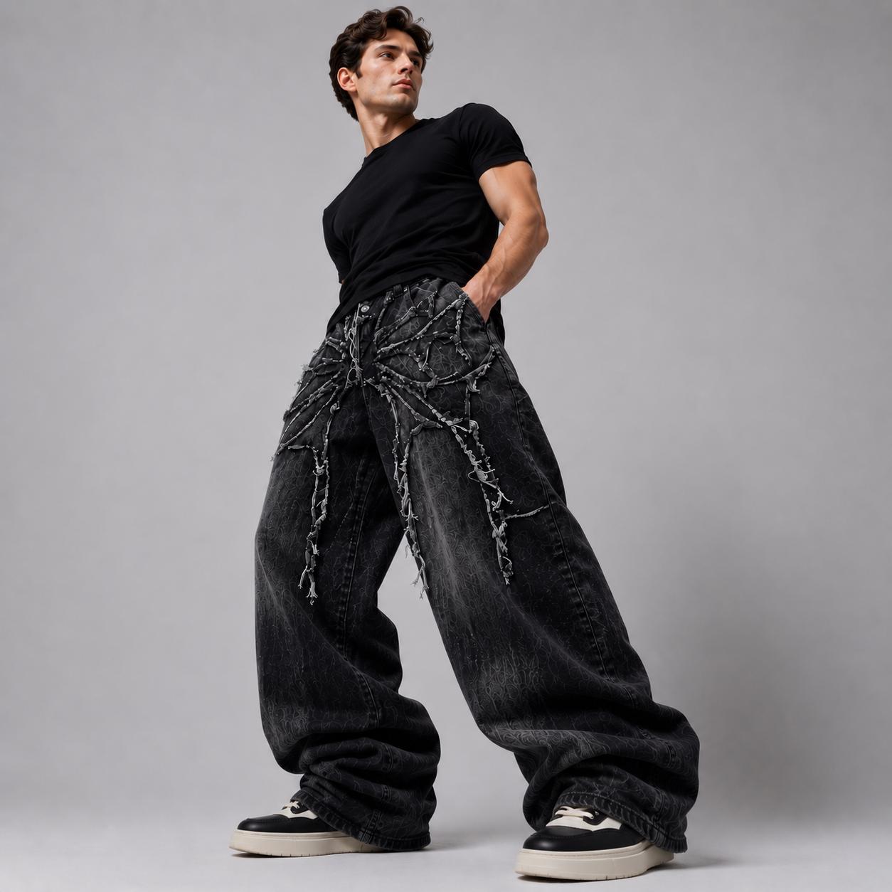 Gothic Spiderweb Embroidered Jeans | Y2K Baggy Denim Streetwear
