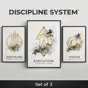 DESCARGA DIGITAL / Conjunto de 3 láminas de arte abstracto moderno en oro, Disciplina, Enfoque, Ejecución, Decoración de oficina en negro y oro, Conjunto de galería de arte para emprendedores