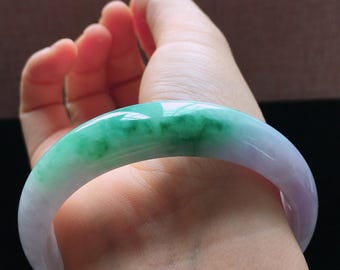 57 mm burmesischer Klasse A Jade Armreif, lavendelgrünes zweifarbiges Jadeit Armband, runder Armreif