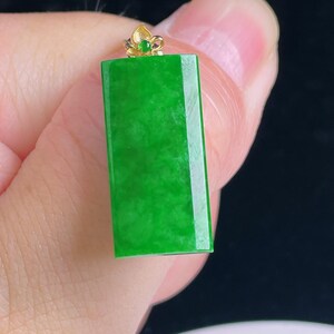18K Gold Vivid Green Burmese Jadeite Pendant – Natural Grade A Burmese Jade Wu Shi Pai, Minimalist Rectangular Jade Necklace