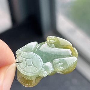 Peut inclure: Pendentif en jade en forme de grenouille, avec un motif de pi&egrave;ce de monnaie. La grenouille est principalement verte avec des nuances jaune-brun. Une ficelle noire est attach&eacute;e pour le porter. Le pendentif est tenu par un doigt.