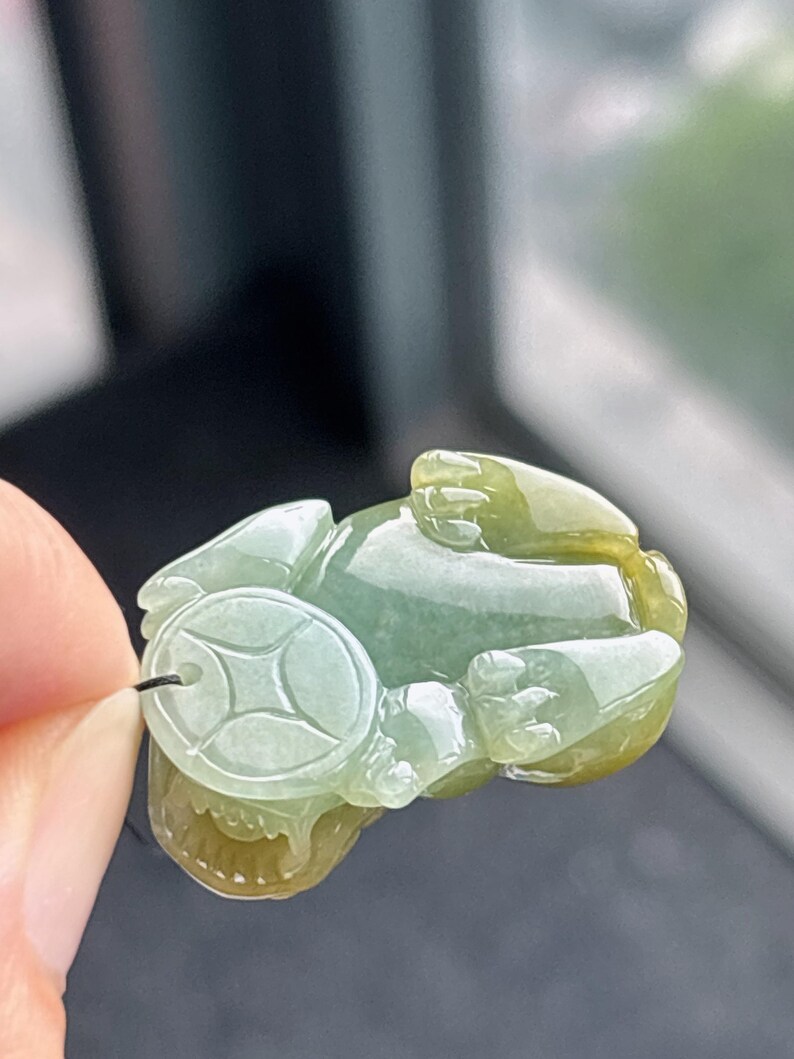 Peut inclure: Pendentif en jade en forme de grenouille, avec un motif de pi&egrave;ce de monnaie. La grenouille est principalement verte avec des nuances jaune-brun. Une ficelle noire est attach&eacute;e pour le porter. Le pendentif est tenu par un doigt.