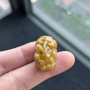 Pu&ograve; includere: Un piccolo ciondolo finemente scolpito, in una calda tonalit&agrave; giallo dorato. Il ciondolo presenta un design dettagliato e a spirale, che potrebbe raffigurare una creatura mitica o un motivo floreale. La superficie lucida riflette la luce.