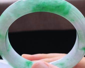 52.8mm Icy Green Jadeite Bangle – Round Fu Style Bracelet, Myanmar Type A Jade