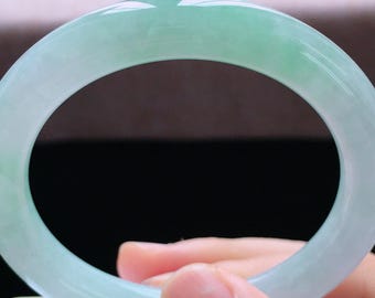 52.2mm Icy Light Green Jadeite Bangle – Round Fu Style Bracelet, Myanmar Jade