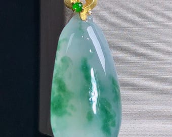 Ciondolo a forma di zucca in giadeite ghiacciata certificata - Ciondolo verde galleggiante in oro 18 carati, giada del Myanmar