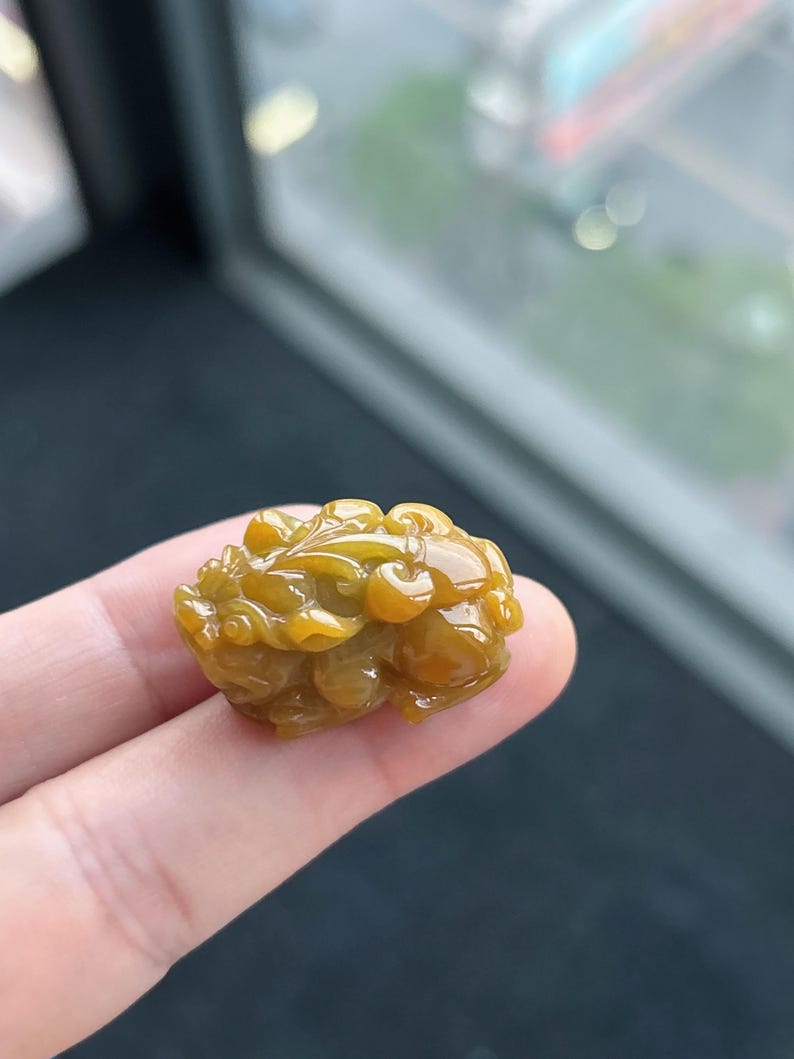 Pu&ograve; includere: Una piccola scultura intagliata in modo intricato nei toni del giallo e del marrone. L'intaglio dettagliato raffigura una creatura mitica, forse un drago o un leone, con una superficie strutturata. La scultura &egrave; tenuta nella mano di una persona.