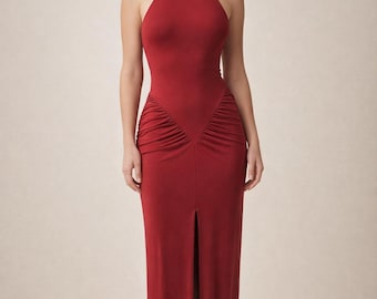 Halter Neck Maxi Dress | Sleeveless Evening Gown with Thigh Slit